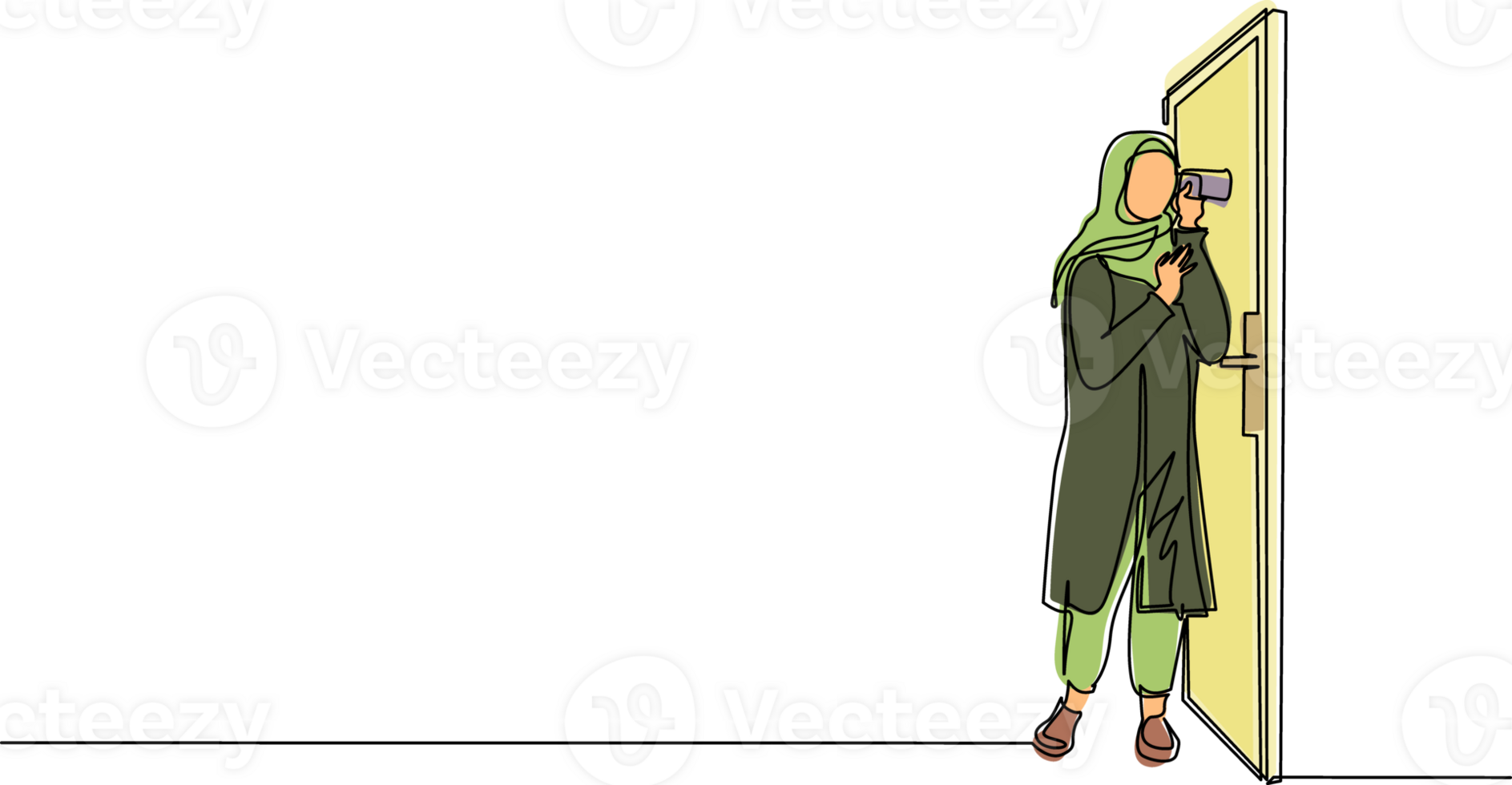 Single one line drawing Arabian woman eavesdropping at door. Curious