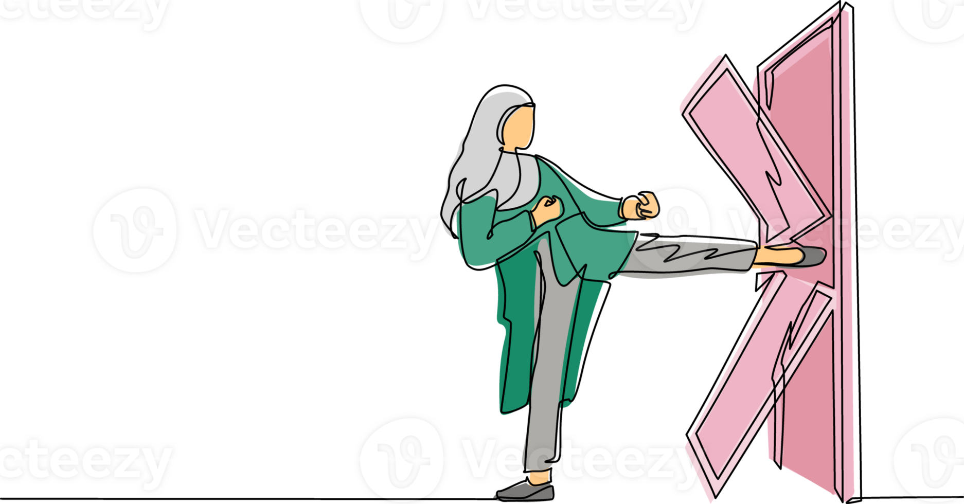 contínuo 1 linha desenhando árabe empresária chutes a porta até porta estilhaçado. mulher chutando trancado porta e destruir. o negócio conceito do superação obstáculos. solteiro linha desenhar Projeto png