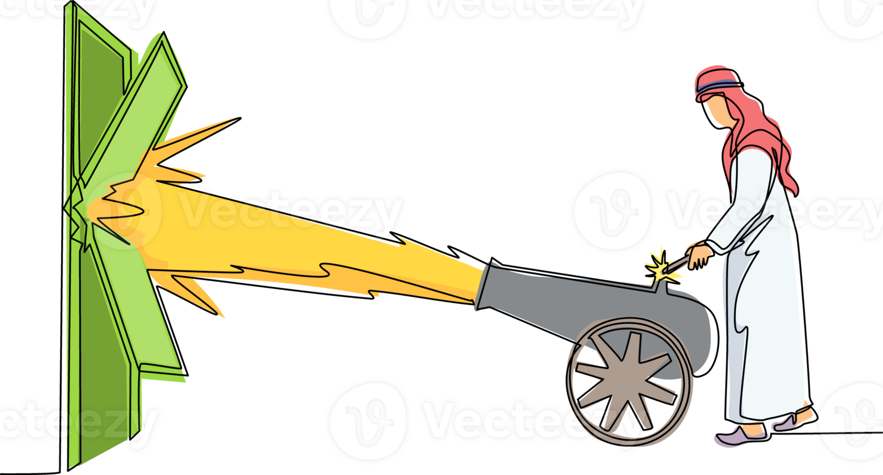 Continuous one line drawing Arab businessman ignites cannon in front of door and destroying door. Eliminating barrier of entries, destroying obstacles with brute force. Single line draw design png