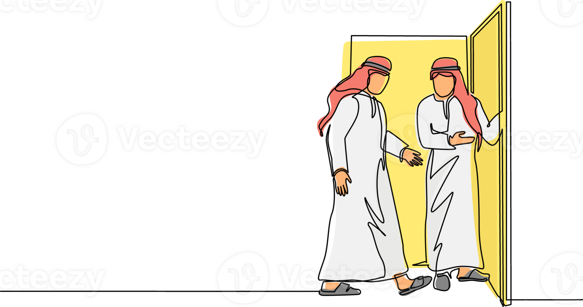 Single continuous line drawing Arab businessman at door welcomes his friend in. Man is inviting his friend to get into his house. Hospitality concept. One line draw graphic design illustration png