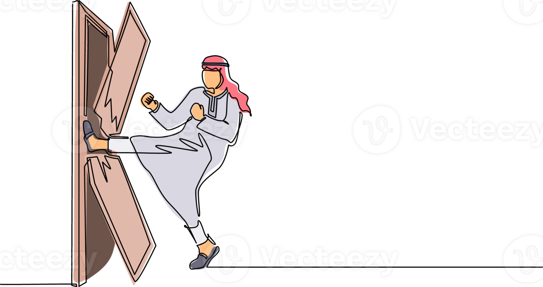 solteiro 1 linha desenhando árabe homem de negocios chutes a porta até porta estilhaçado. homem chutando trancado porta e destruir. o negócio conceito do superação obstáculos. contínuo linha desenhar Projeto gráfico png