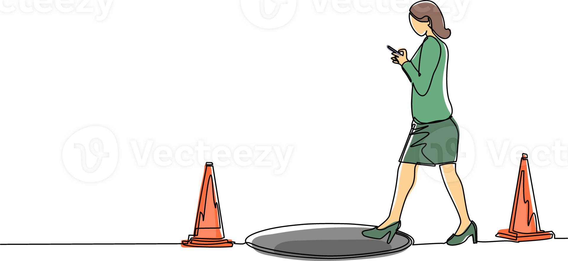Single continuous line drawing businesswoman character going on street watching by smart phone, did not see open manhole. Woman walks to business trap. One line draw graphic design illustration png