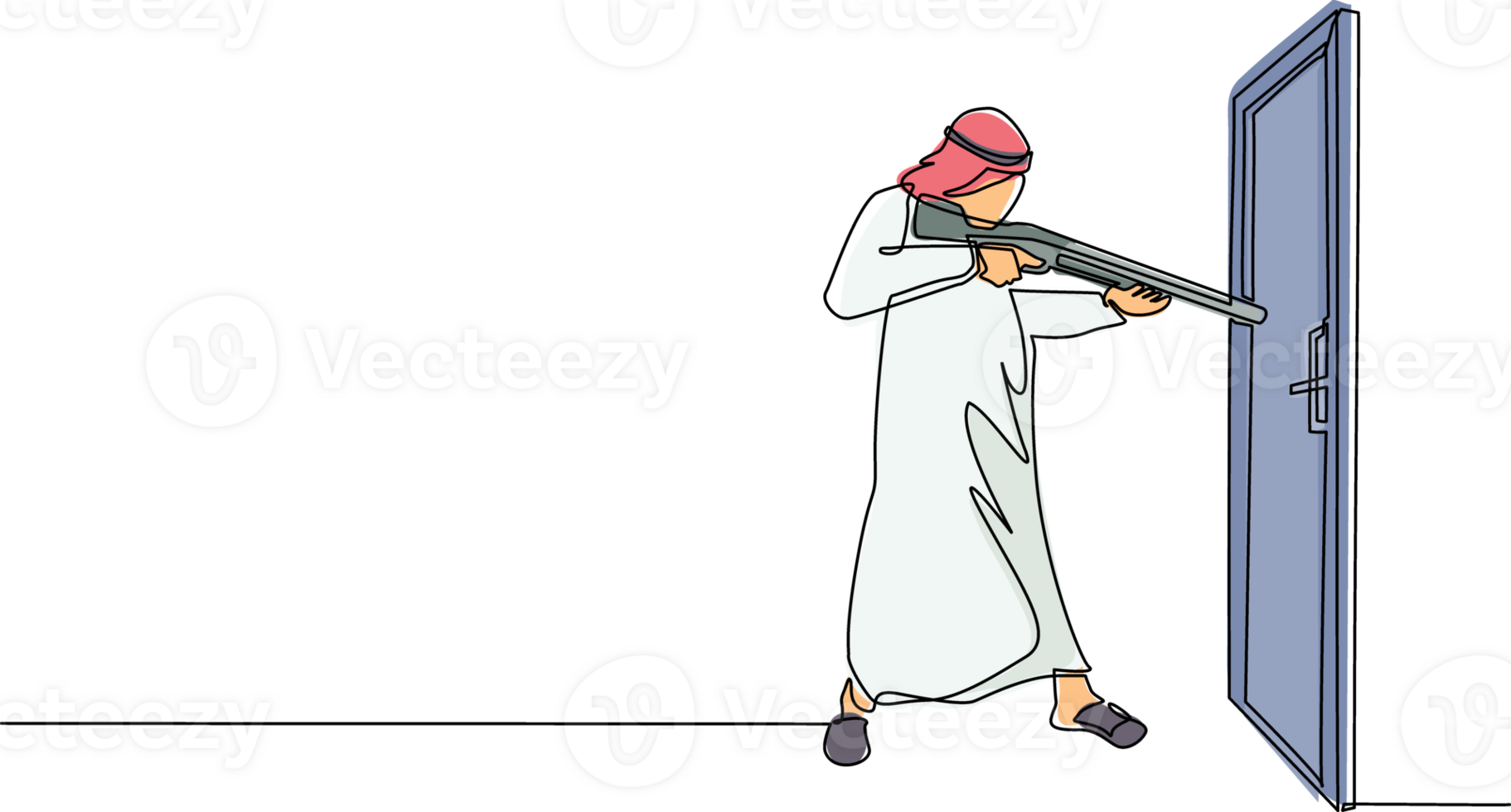 Single one line drawing Arabic businessman pointing shotgun at doorknob. Business breakthrough struggle. The power to succeed. Open closed door. Continuous line draw design graphic illustration png