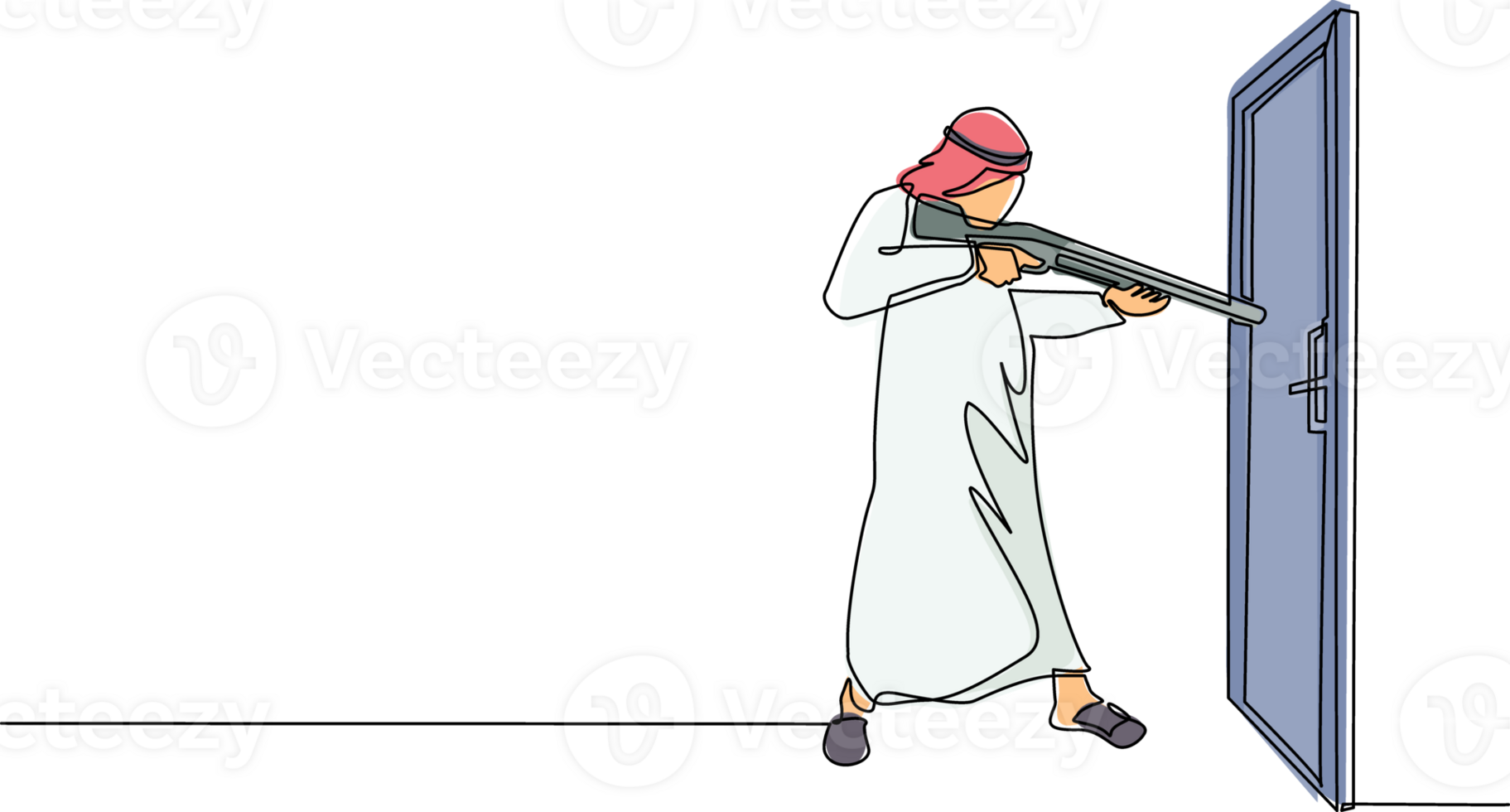 solteiro 1 linha desenhando árabe homem de negocios apontando espingarda às maçaneta. o negócio avanço luta. a poder para sucesso. aberto fechadas porta. contínuo linha desenhar Projeto gráfico ilustração png