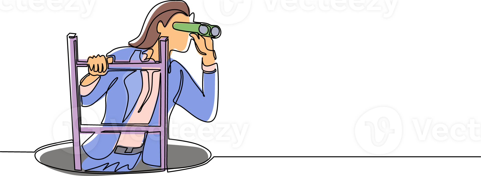 Continuous one line drawing businesswoman climbs out of the hole by ladder and using binocular. Business vision and solution concept. Symbol of challenge. Single line draw design illustration png