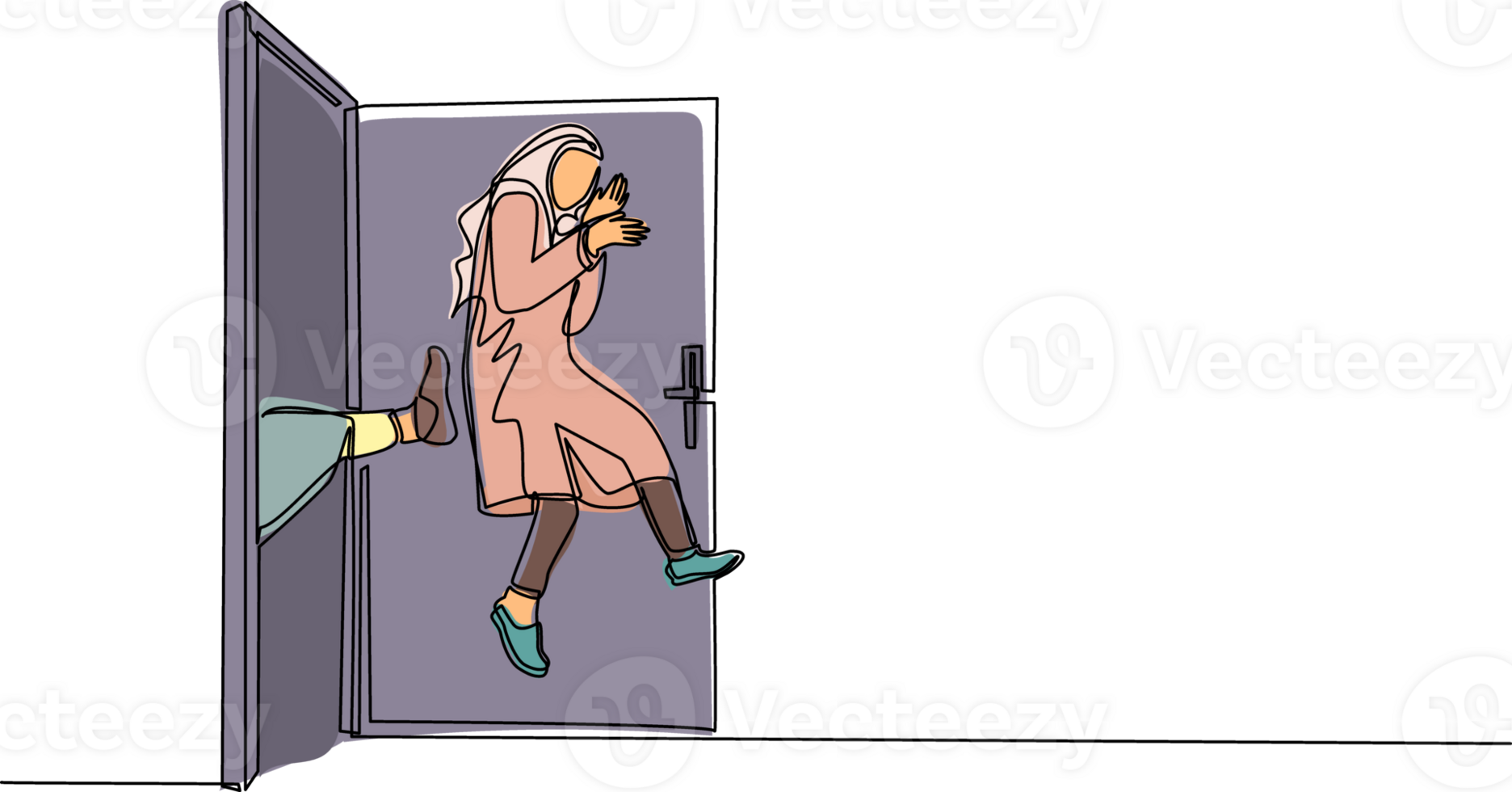 soltero continuo línea dibujo árabe mujer de negocios obtener golpeado fuera de puerta. despedido desde su trabajo. desempleo negocio concepto. jefe patadas innecesario empleado. uno línea dibujar gráfico diseño png