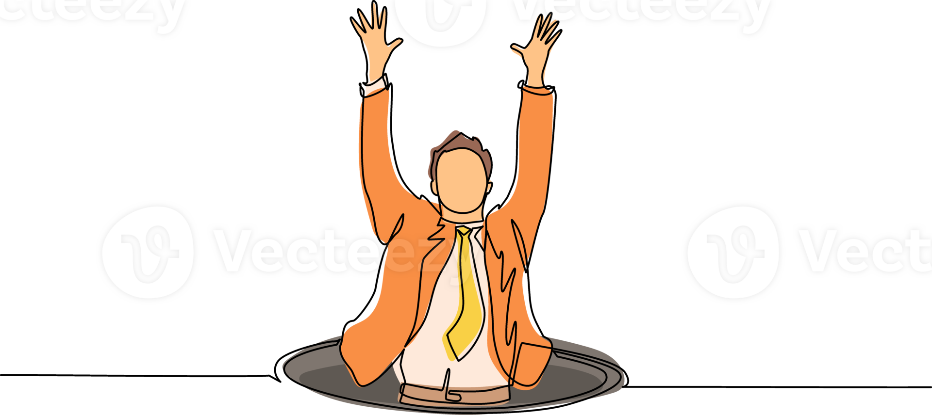 solteiro contínuo linha desenhando homem de negocios caiu para dentro bueiro subterrâneo esgoto. homem caiu para dentro esgoto. depressivo e o negócio fracasso conceito. metáfora. derrota. 1 linha desenhar Projeto ilustração png