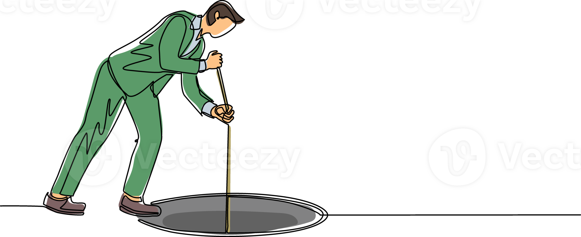 doorlopend een lijn tekening zakenman rekken uit touw in gat. Mens benieuwd en op zoek Bij de groot gat, bedrijf concept in kans, exploratie of uitdaging. single lijn trek ontwerp png