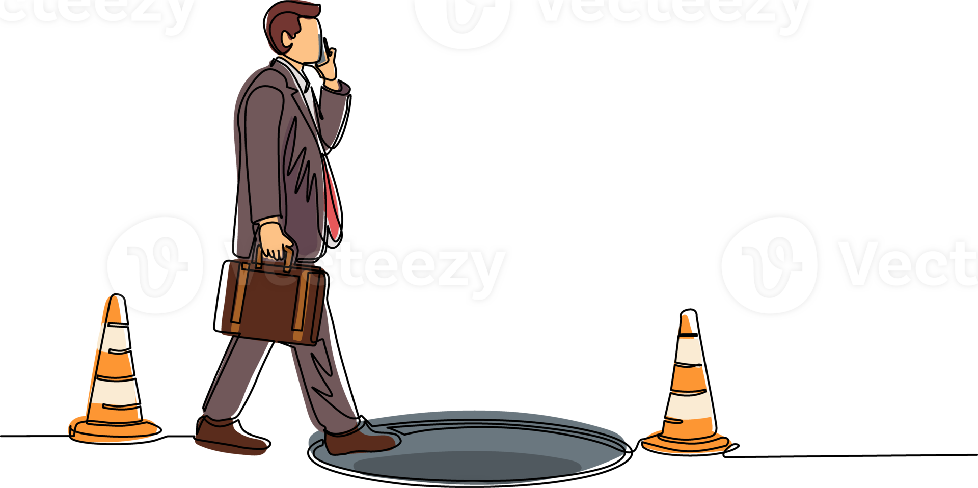 Single one line drawing businessman talking on cell phone and he does not see the hole in front. Man walks to business trap. Metaphor. Modern continuous line draw design graphic illustration png