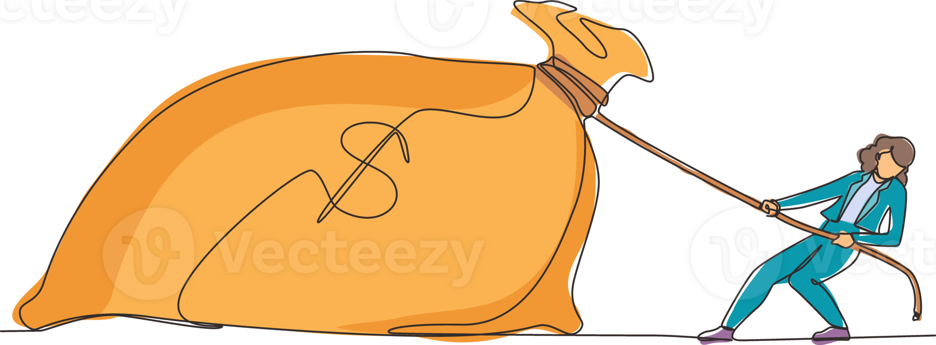 Single one line drawing businesswoman is struggling to pull big bag of money because it is too