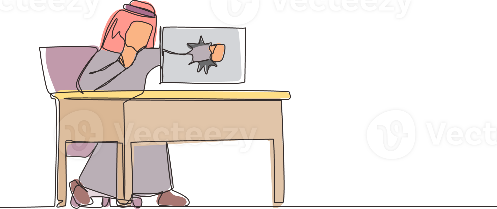 Single continuous line drawing angry Arab businessman breaks his laptop computer hitting it with clenched fist sitting at desk. Frustrated man worker punching hole in pc screen. One line design png