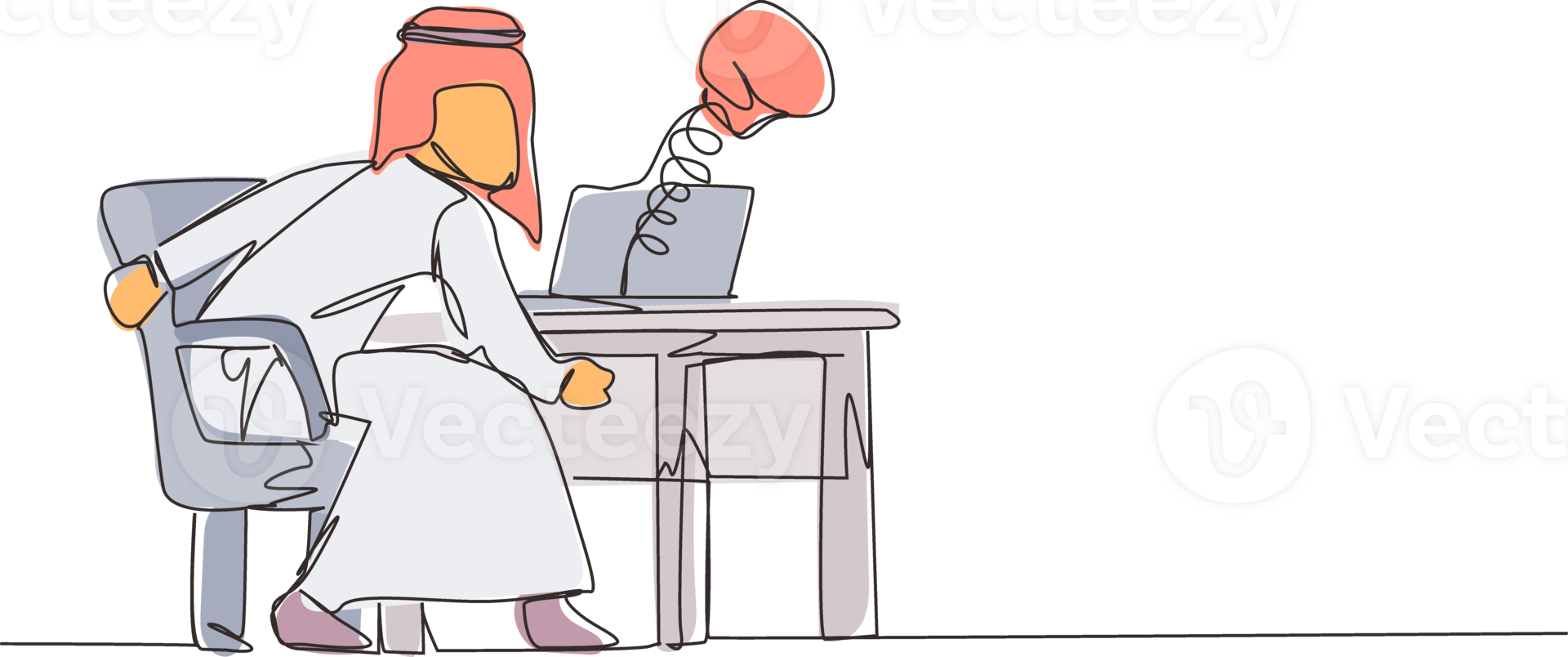 Continuous one line drawing sad Arabian man using social media and being punched by boxing gloves from computer laptop. Cyber bullying, online harassment using social media. Single line design png