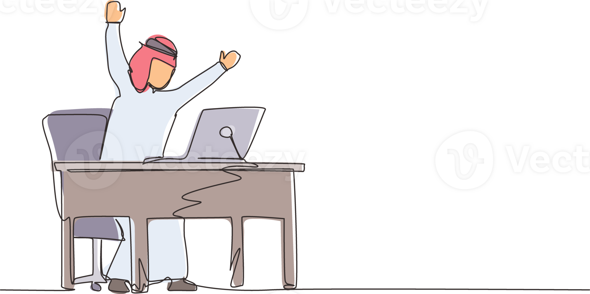 Continuous one line drawing winning online working technology concept. Arabic businessman stands in office with hand raised opposite computer screen celebrating success. Single line draw design png