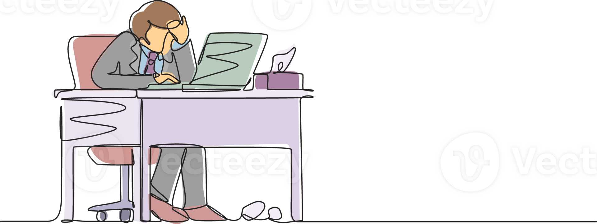 Single continuous line drawing male employee crying while wiping tears using tissue and staring at laptop. Businessman working overtime in office. One line draw graphic design illustration png