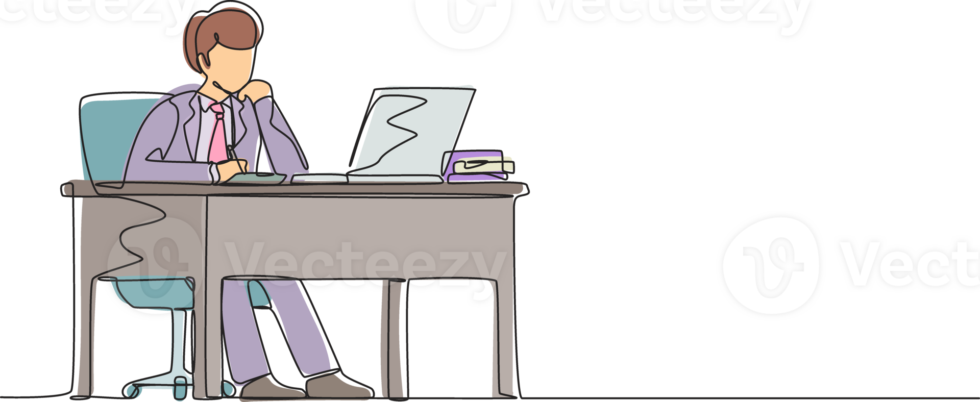 Single continuous line drawing businessman writing sitting in front of laptop at table. Young male studying and writing in notebook, at desk in front of computer. One line draw graphic design png