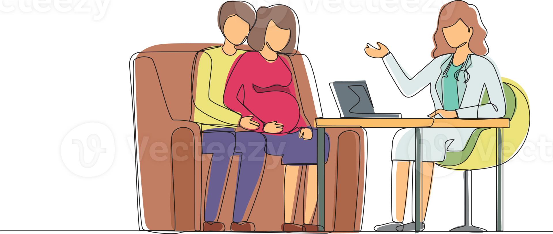 Continuous one line drawing pregnant woman visits doctor. Happy couple people on medical examination in hospital, talking with physician. Pregnancy healthcare. Single line draw design graphic png