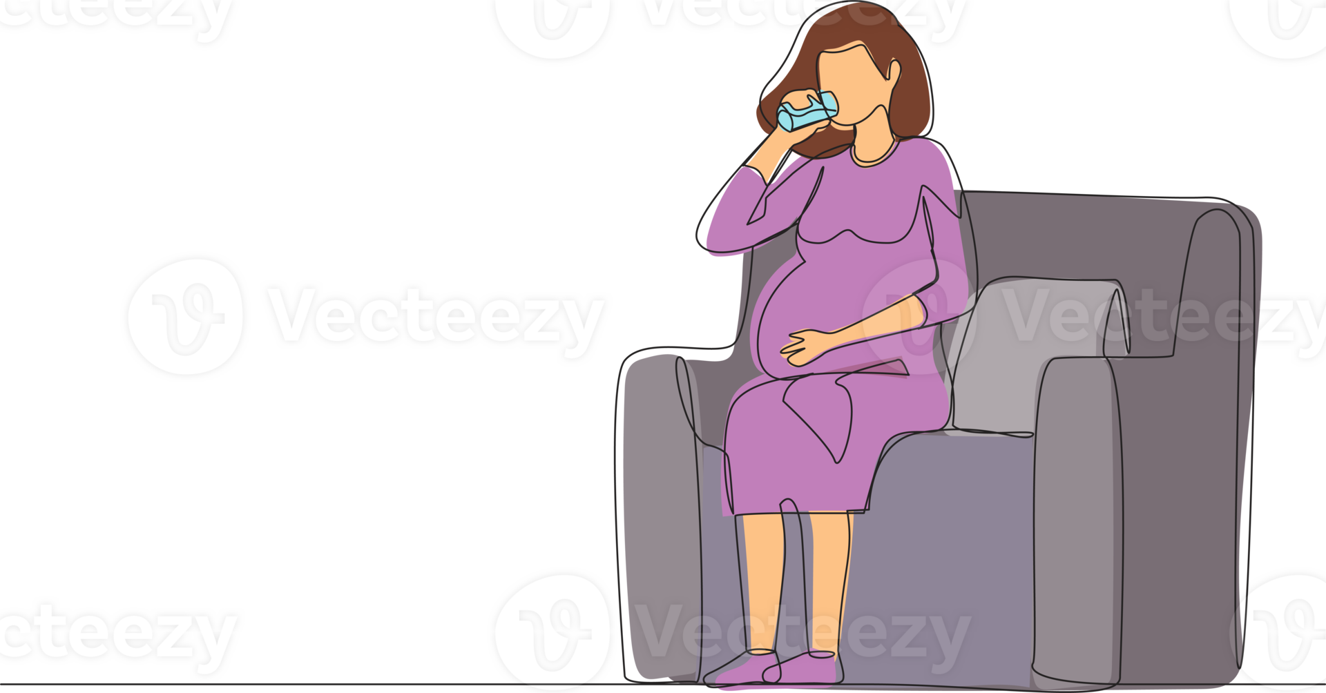 Single continuous line drawing pregnant woman drinking water sitting on