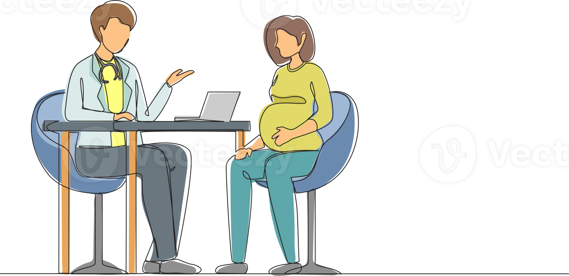 Single continuous line drawing pregnant woman on consultation with doctor. Pregnancy and maternity. Happy female character expecting for baby. Dynamic one line draw graphic design illustration png