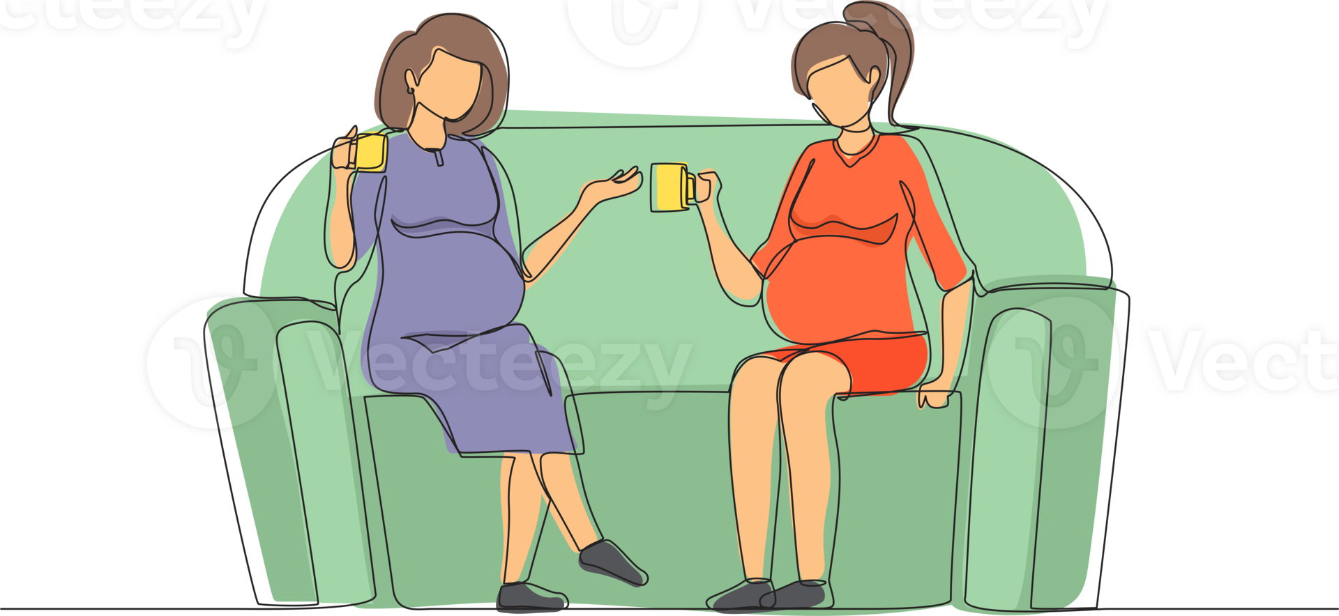 Single one line drawing two girls are sitting on couch. They drink tea, talk, share secrets. Friends, neighbors, young ladies. Cozy evening with hot drink. Continuous line draw design graphic png