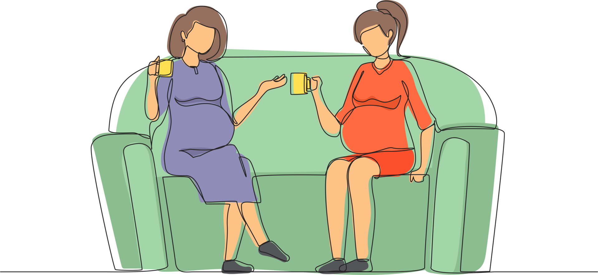 Single one line drawing two girls are sitting on couch. They drink tea