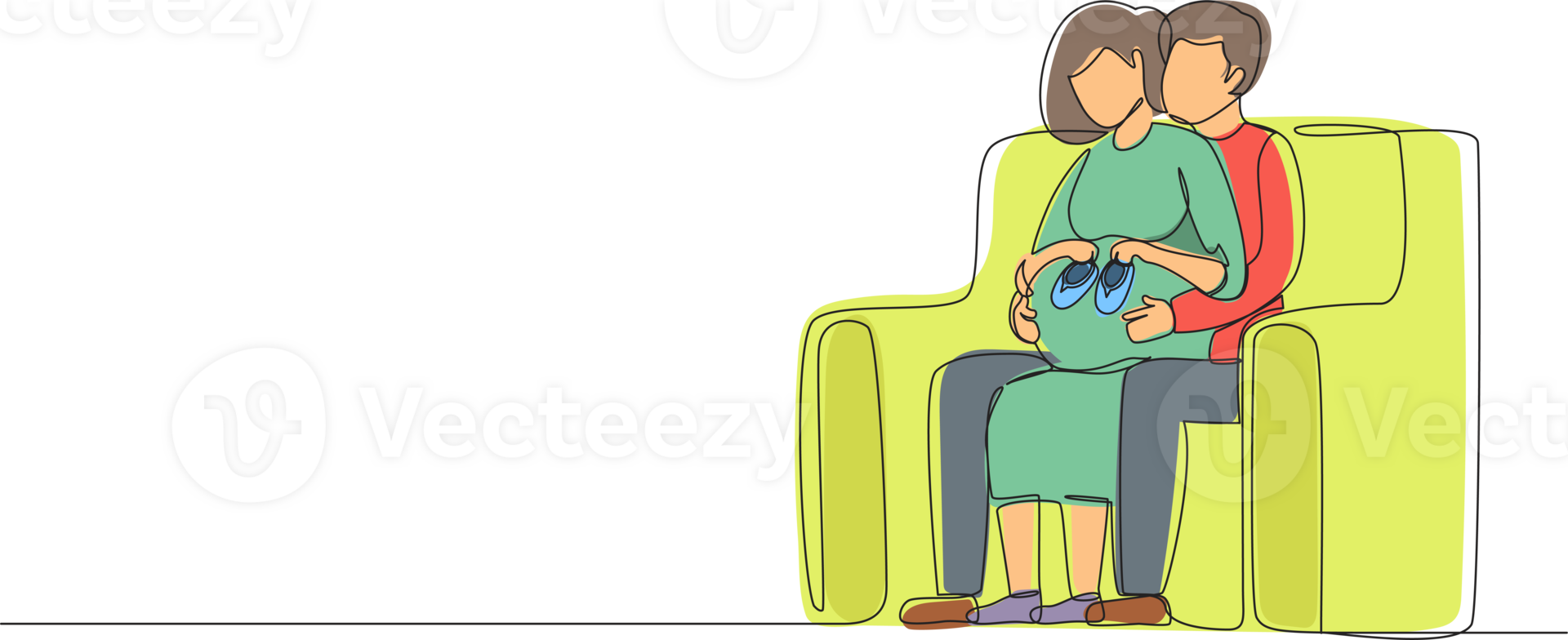 Single continuous line drawing happy pregnant woman holding baby shoes and her husband on sofa at home. pregnant woman and her husband holding baby shoes and hugging tummy. One line draw design png