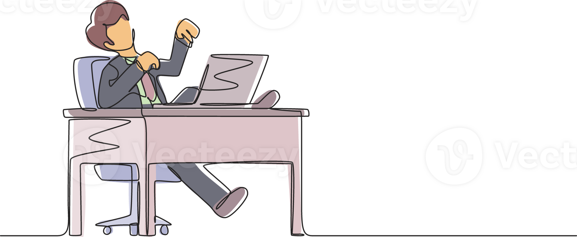 Continuous one line drawing man manager laughing out loud while pointing his finger at laptop. Happiness, business success, win, leader, development concept. Single line draw design graphic png