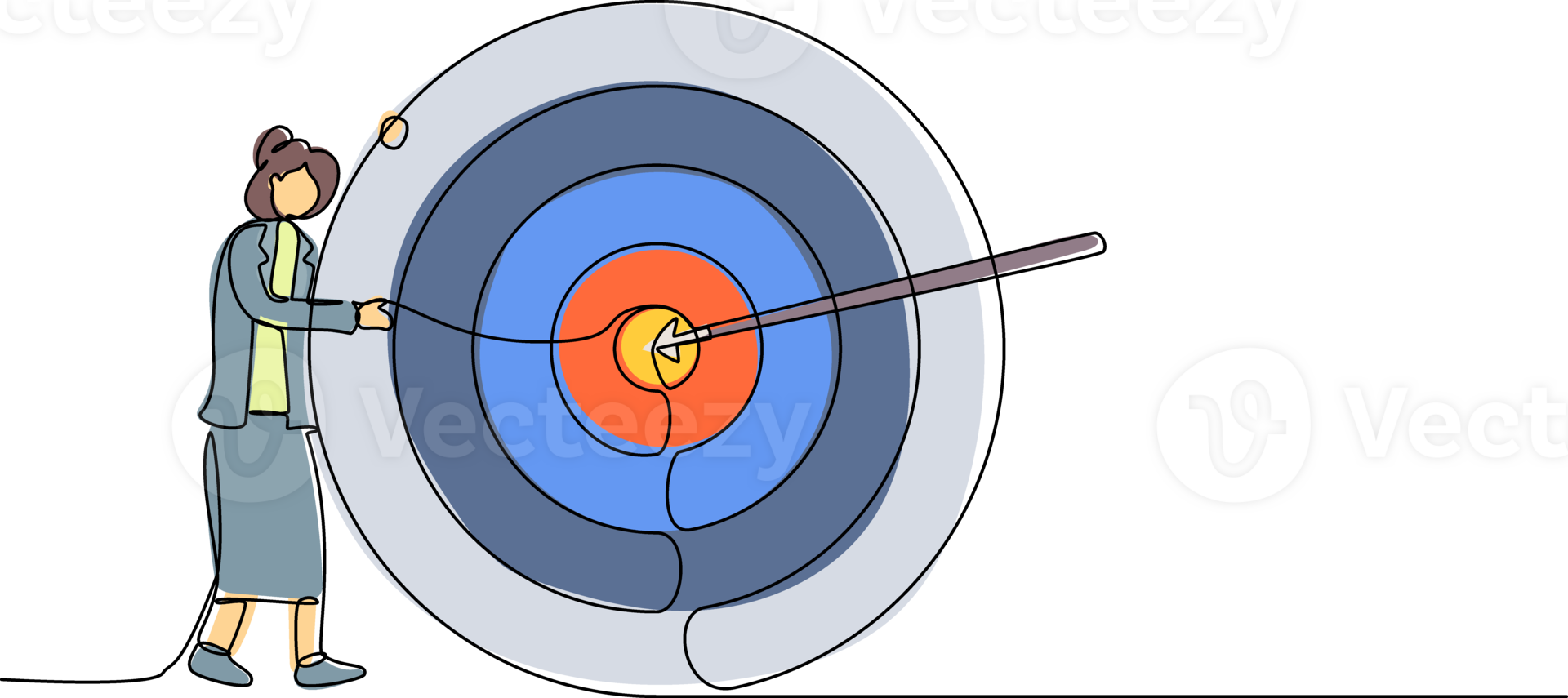 Single continuous line drawing businesswoman hugs and stands next to circle of target, arrow that hit target right in middle, analyze result of achievement within company. One line draw design png
