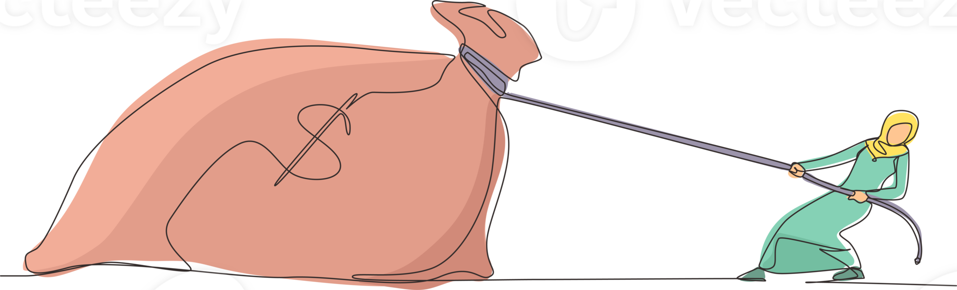 Single one line drawing Arab businesswoman is struggling to pull big bag of money because it is too heavy. Corporate competition or business challenge. Continuous line draw design illustration png