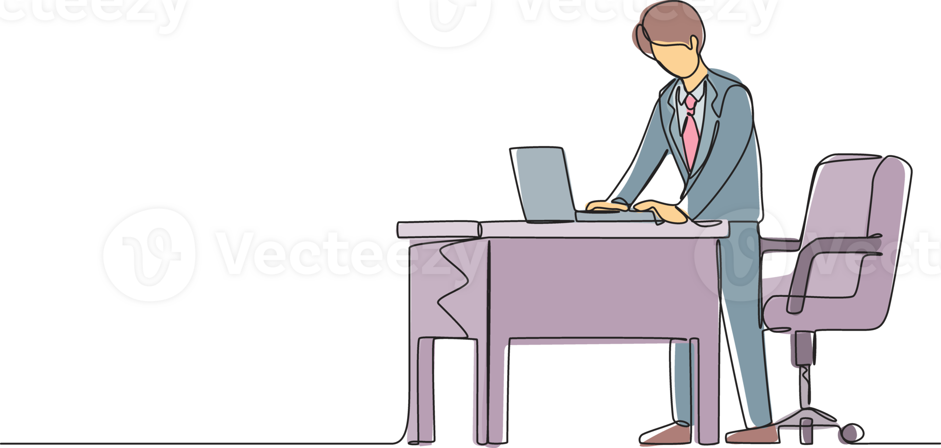 Single one line drawing man employee working at ergonomic workstation. Office furniture with computer and laptop. Male standing on foot rest behind desk. Continuous line draw design graphic png