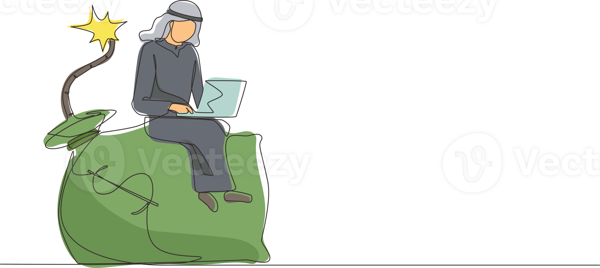 Single one line drawing Arab businessman sitting on huge bomb with burning fuse and money bag. Financial problem, taxation burden or business debt, deadline. Continuous line draw design graphic png