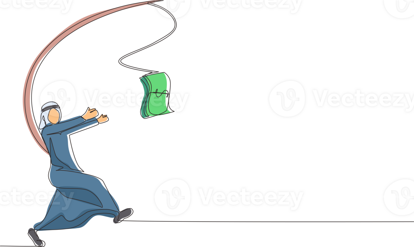 Single continuous line drawing greedy Arabian businessman or manager is running after money. Greedy man in business suit with attached rod and dollar. One line draw graphic design illustration png