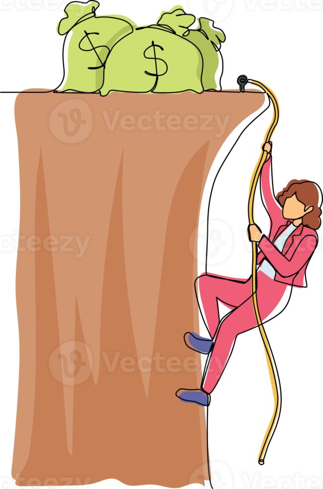 Single continuous line drawing active businesswoman doing rope climbing towards money bag. Climber hanging on rope, pulling himself on top of rocky mountain wall. One line draw graphic design vector png