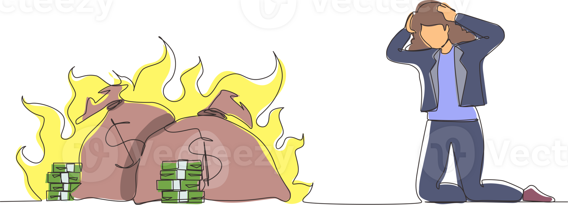 Single continuous line drawing upset businesswoman kneeling. Finances burning up. Global financial crisis, inflation. Bankruptcy. Inability to do business and pay bills. One line draw design png