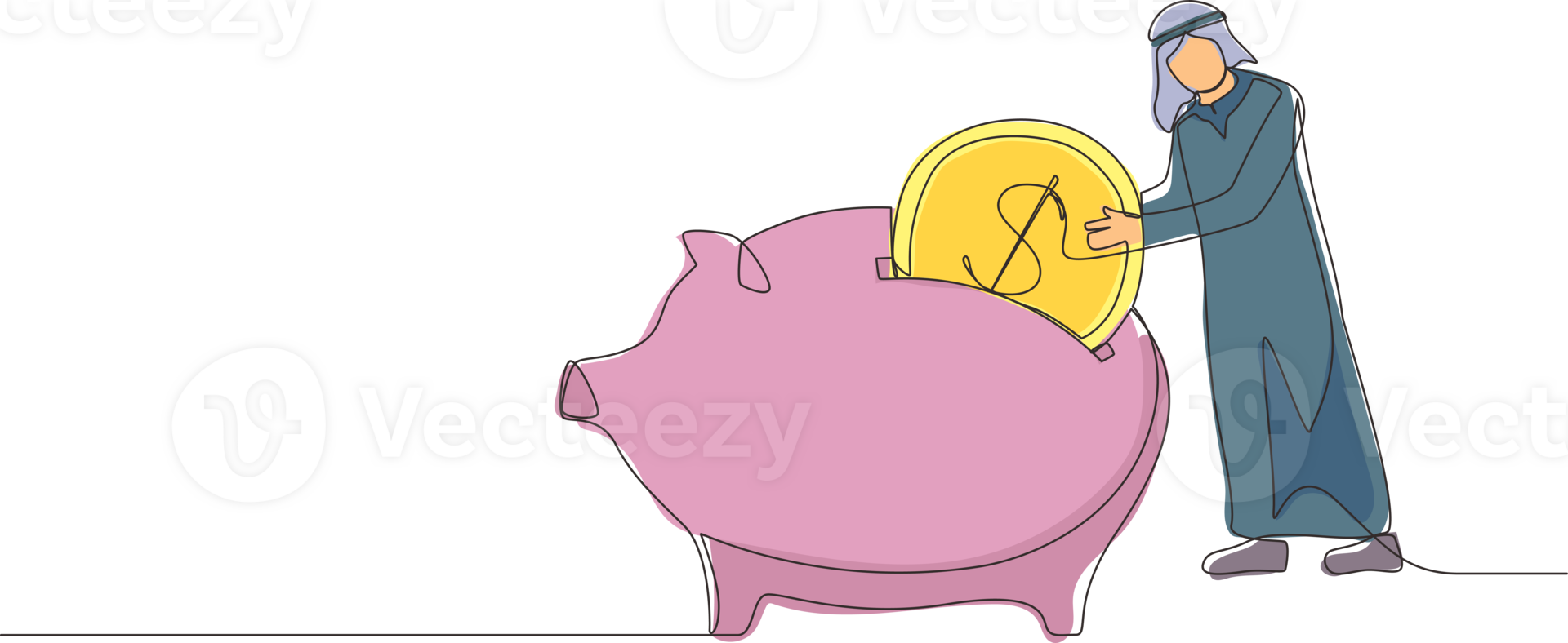 Single one line drawing Arabian businessman putting dollar coin into piggy bank. Money savings, personal investment, finance, funding, bank deposit, capital accumulation. Continuous line design png