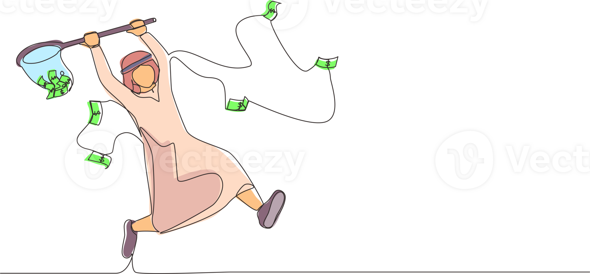 Continuous one line drawing Arab businessman trying to catch flying money with butterfly net. Running entrepreneur man using business opportunity to scoop dollar bills. Single line draw design png