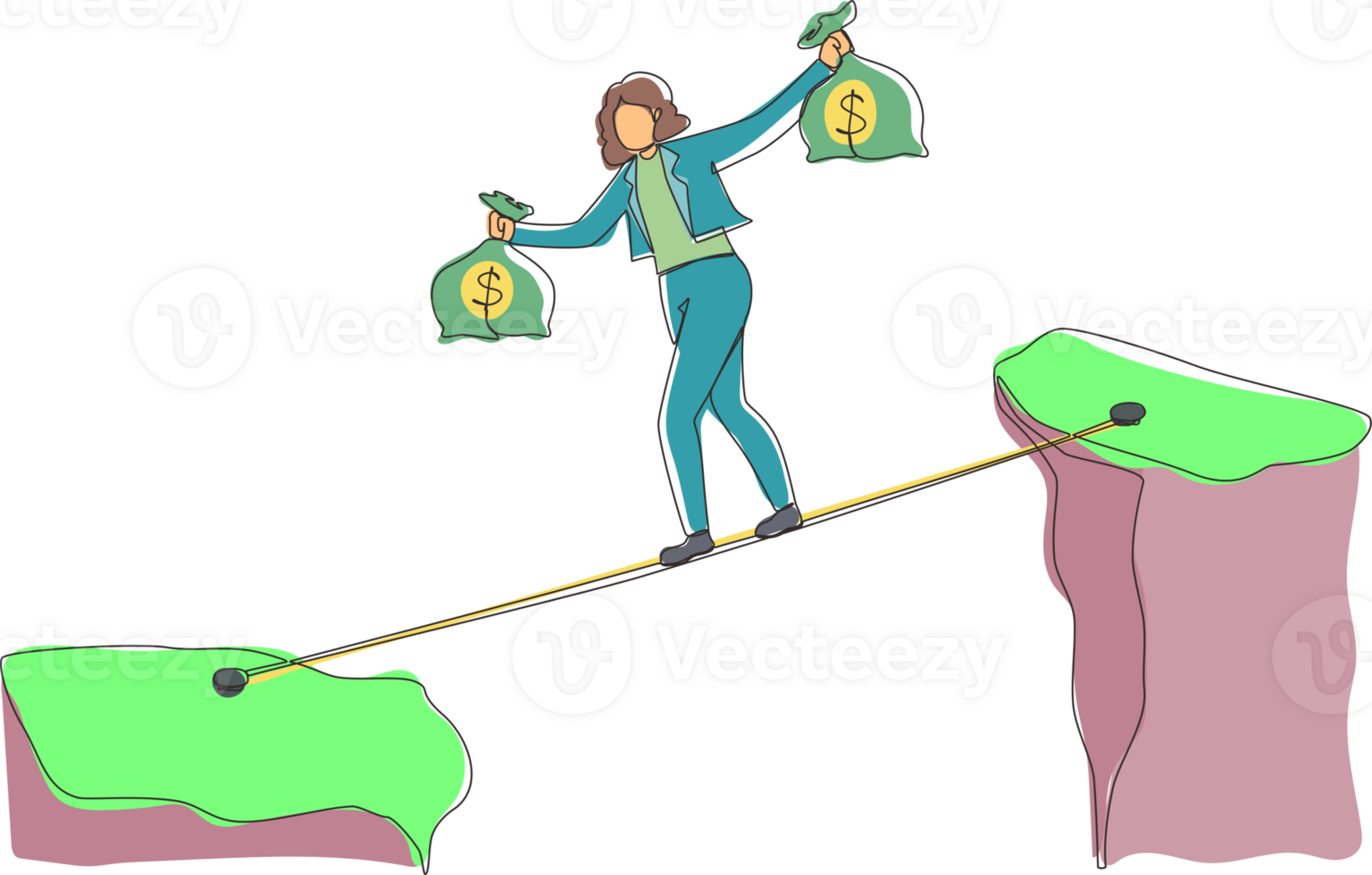 enda kontinuerlig linje teckning affärskvinna promenad över klippa glipa berg bära två pengar väska riskerar farlig. kvinna gående balans på rep bro. ett linje dra grafisk design illustration png