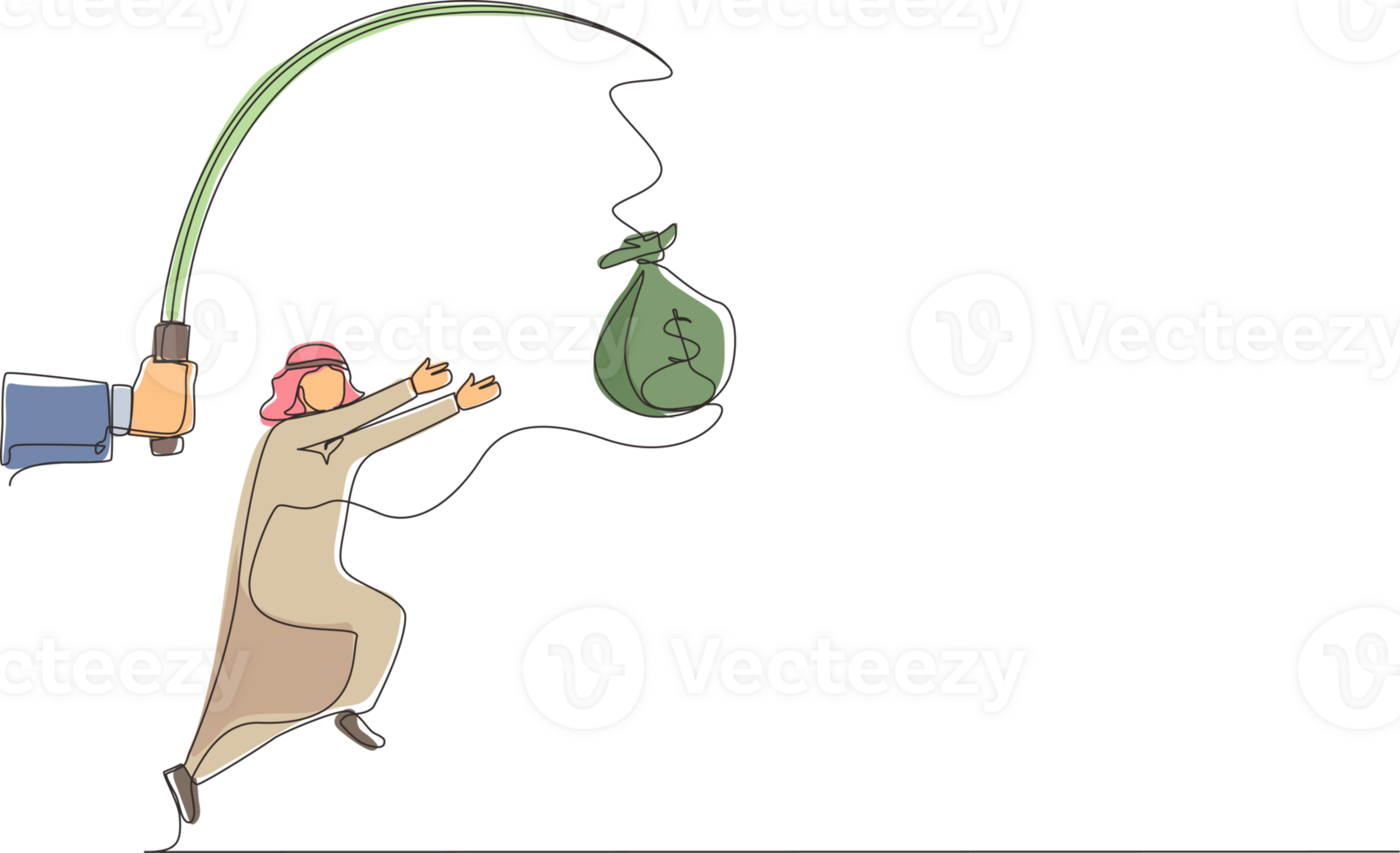 single een lijn tekening hand- met visvangst pool en geld zak controle hebzuchtig Arabisch zakenman onder hypnose. Mens rennen na bungelend geld tas, proberen naar vangst het. doorlopend lijn ontwerp png