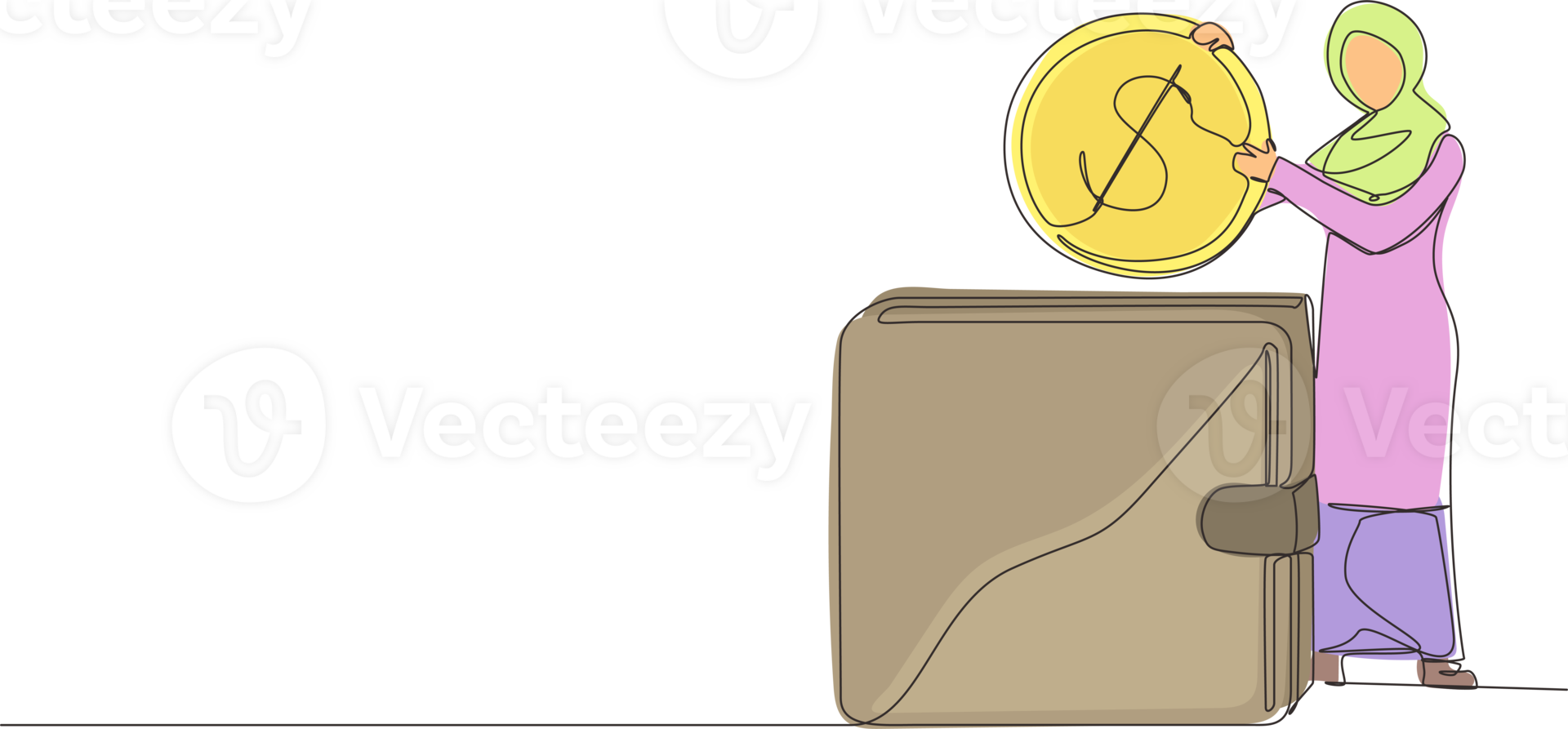 Single one line drawing Arab businesswoman putting dollar coin into big wallet. Concept of direct payment, paying by cash, money transfer, personal financial transaction. Continuous line design png