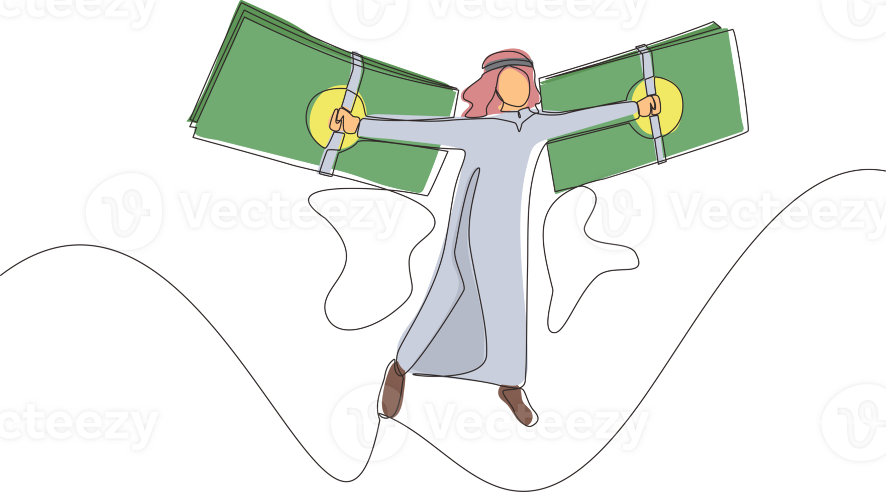 Single one line drawing Arab businessman flying on money wings. Financial freedom concept, depicting man flying on wings made of currency bills. Continuous line draw design graphic illustration png