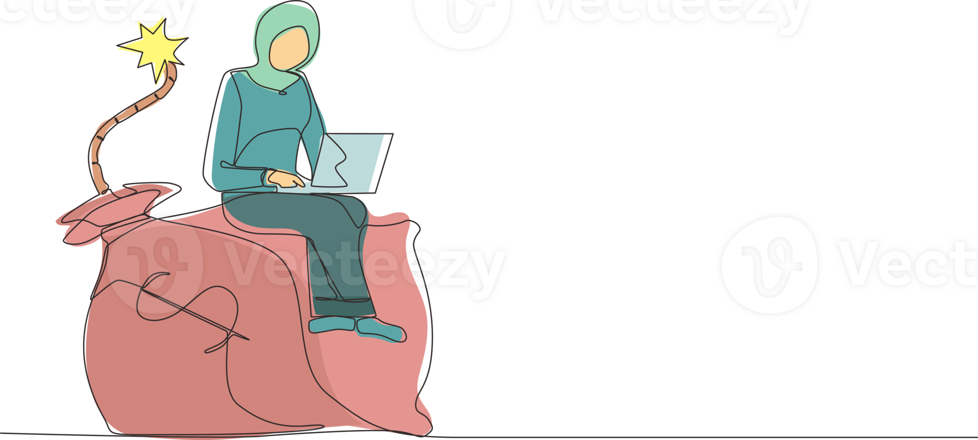 Single one line drawing Arabic businesswoman sitting on huge bomb with burning fuse and money bag. Financial problems, taxation burden or business debt, deadline. Continuous line design graphic png