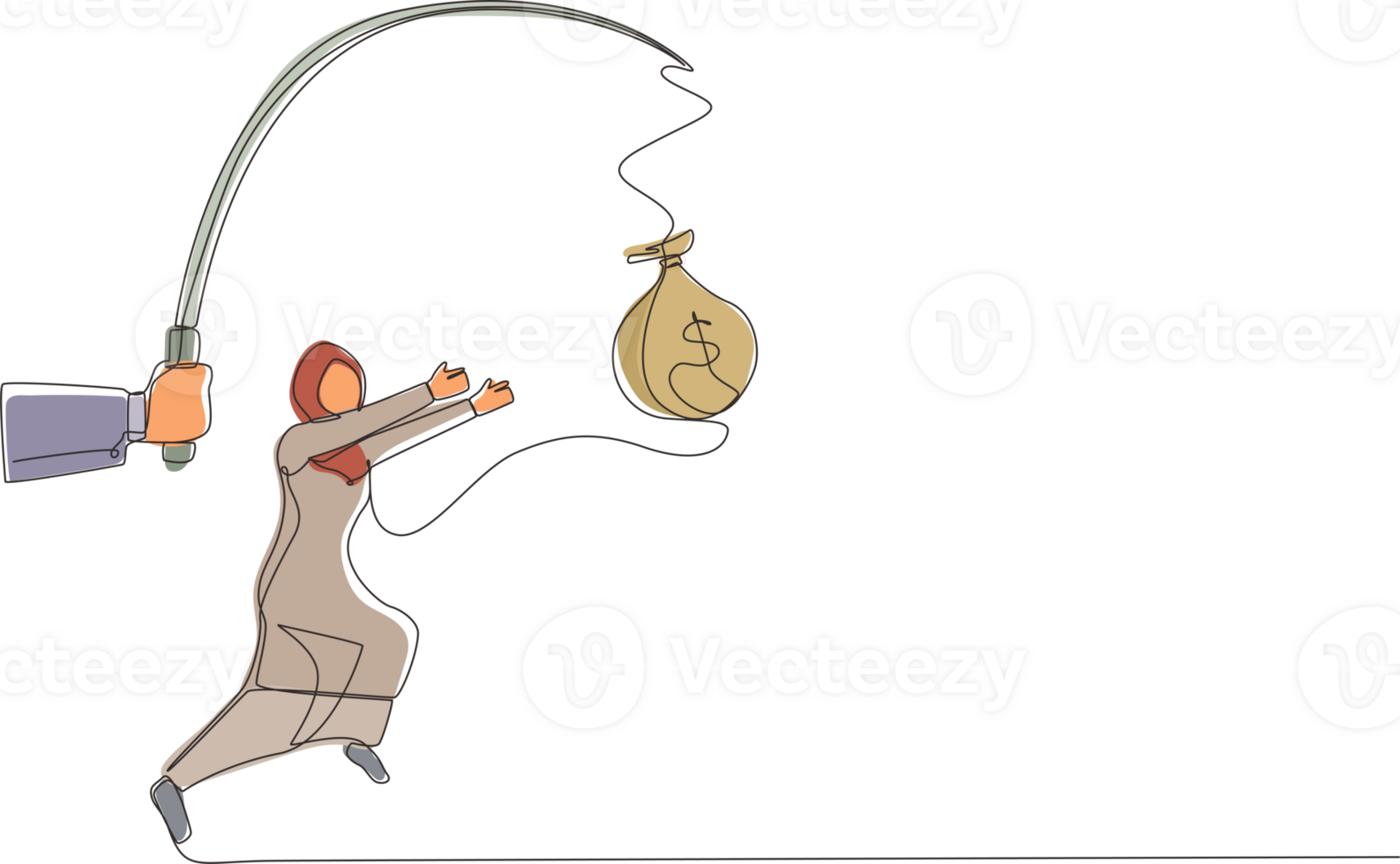 Continuous one line drawing hand with fishing pole and money bag control greedy Arab businesswoman under hypnosis. Woman running after dangling money bag, trying to catch it. Single line design png