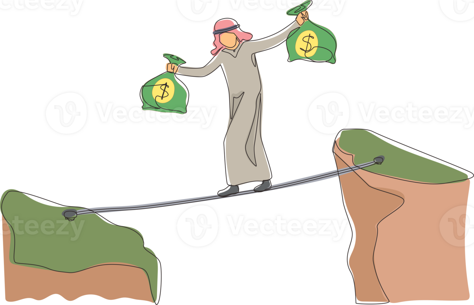kontinuerlig ett linje teckning arab affärsman promenad över klippa glipa berg bära två pengar väska riskerar farlig. manlig gående balans på rep bro. enda linje design grafisk illustration png