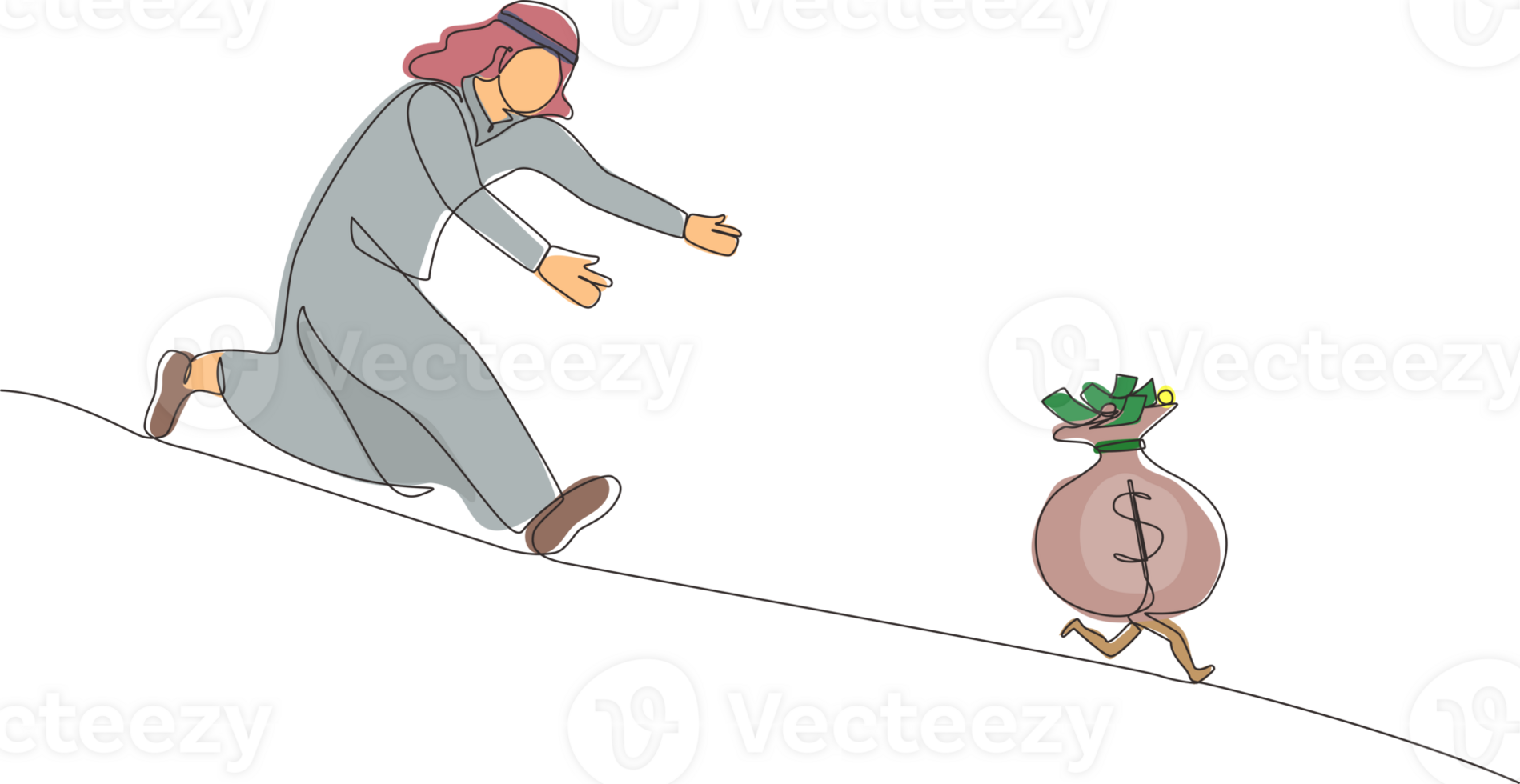 single doorlopend lijn tekening Arabisch zakenman achtervolgen geld zak dollar rennen weg. concept van bereiken doelen en winst, streven voor succes, rennen voor geld. een lijn trek grafisch ontwerp png