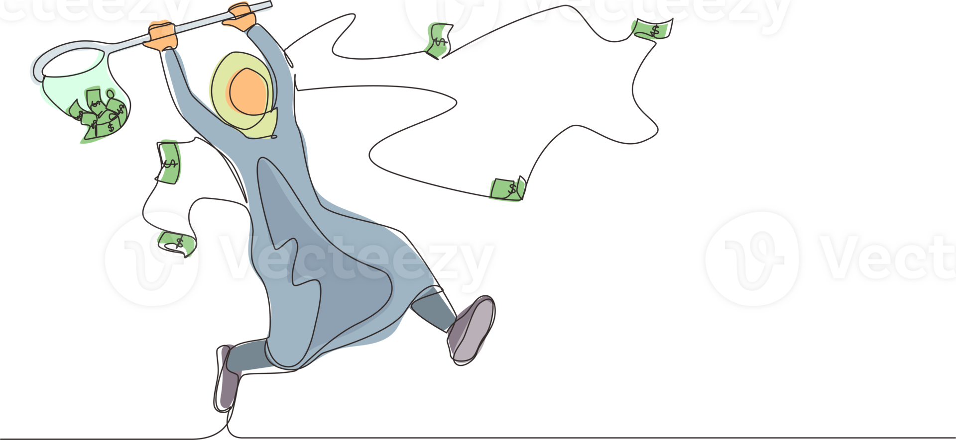 Single continuous line drawing Arabian businesswoman trying to catch flying money with butterfly net. Entrepreneur woman using business opportunity to scoop dollar bills. One line draw design png