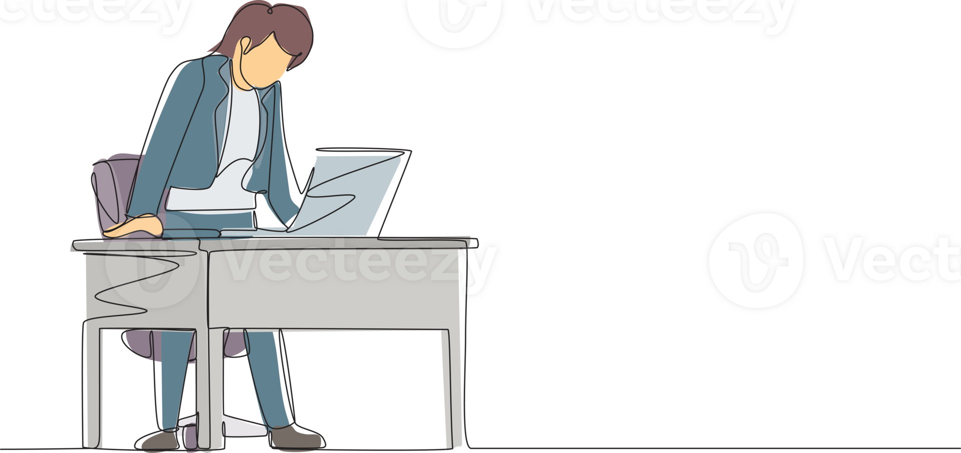 Single one line drawing frustrated and furious businesswoman shouting and screaming screen laptop on her working desk. Bad workspace emotions. Continuous line draw design graphic illustration png