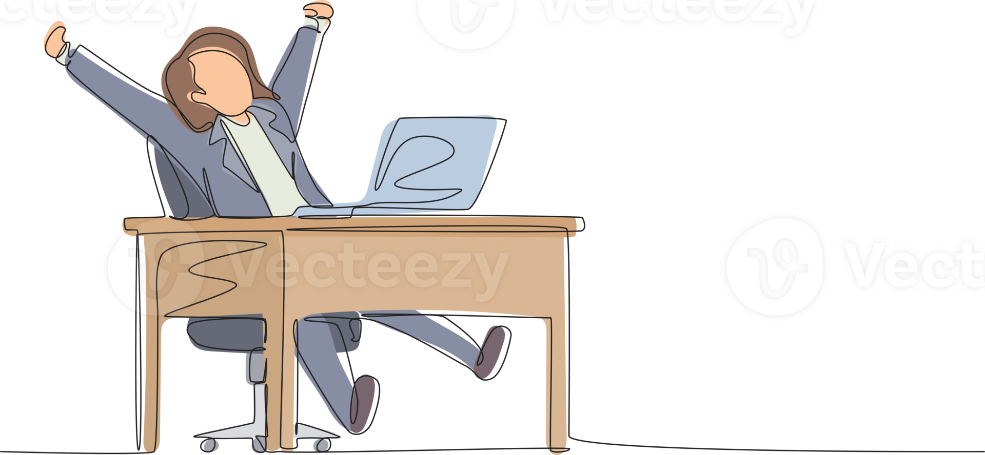 Continuous one line drawing happy businesswoman sitting in chair at desk using laptop celebrating win with hands raised. Celebrating win, positive emotions concept. Single line graphic design png