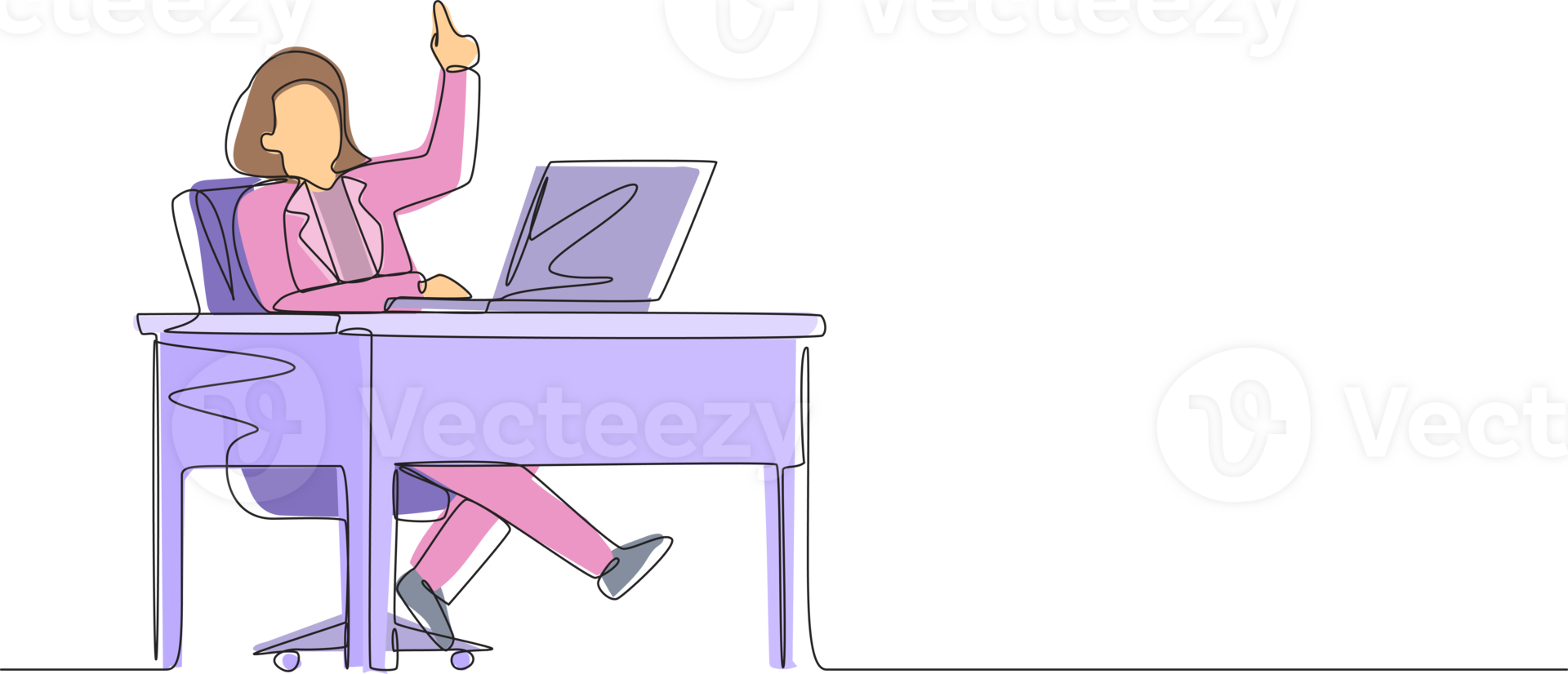 contínuo 1 linha desenhando empresária obtendo brilhante Novo idéia enquanto trabalhando com computador portátil em escrivaninha. fêmea Gerente trabalhando com computador às escrivaninha. pessoas pegue ideia. solteiro linha Projeto gráfico png