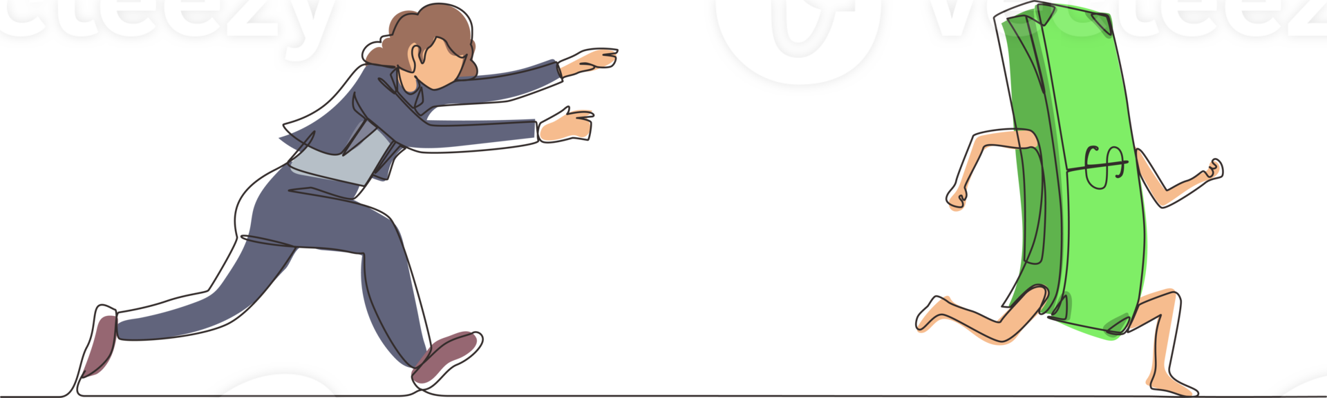 Continuous one line drawing active businesswoman or manager running and chasing after run away money. Concept of money obsession, impatient, greedy. Single line draw design graphic illustration png