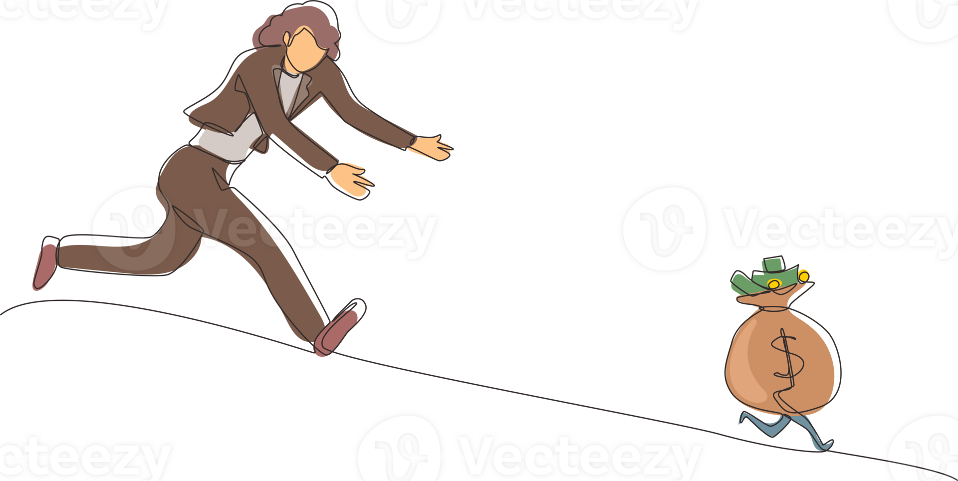 single doorlopend lijn tekening zakenvrouw achtervolgen geld zak dollar rennen weg. concept van bereiken doelen en winst, streven voor succes, rennen voor geld. een lijn trek grafisch ontwerp png