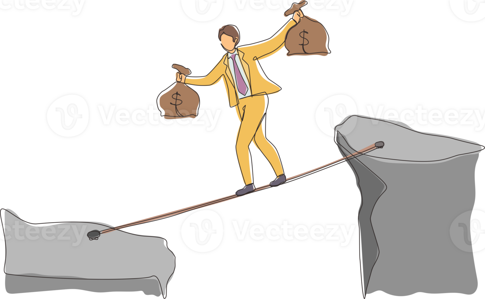 Single continuous line drawing businessman walk over cliff gap mountain carry two money bag risking dangerous. Young male walking balance on rope bridge. One line graphic design illustration png